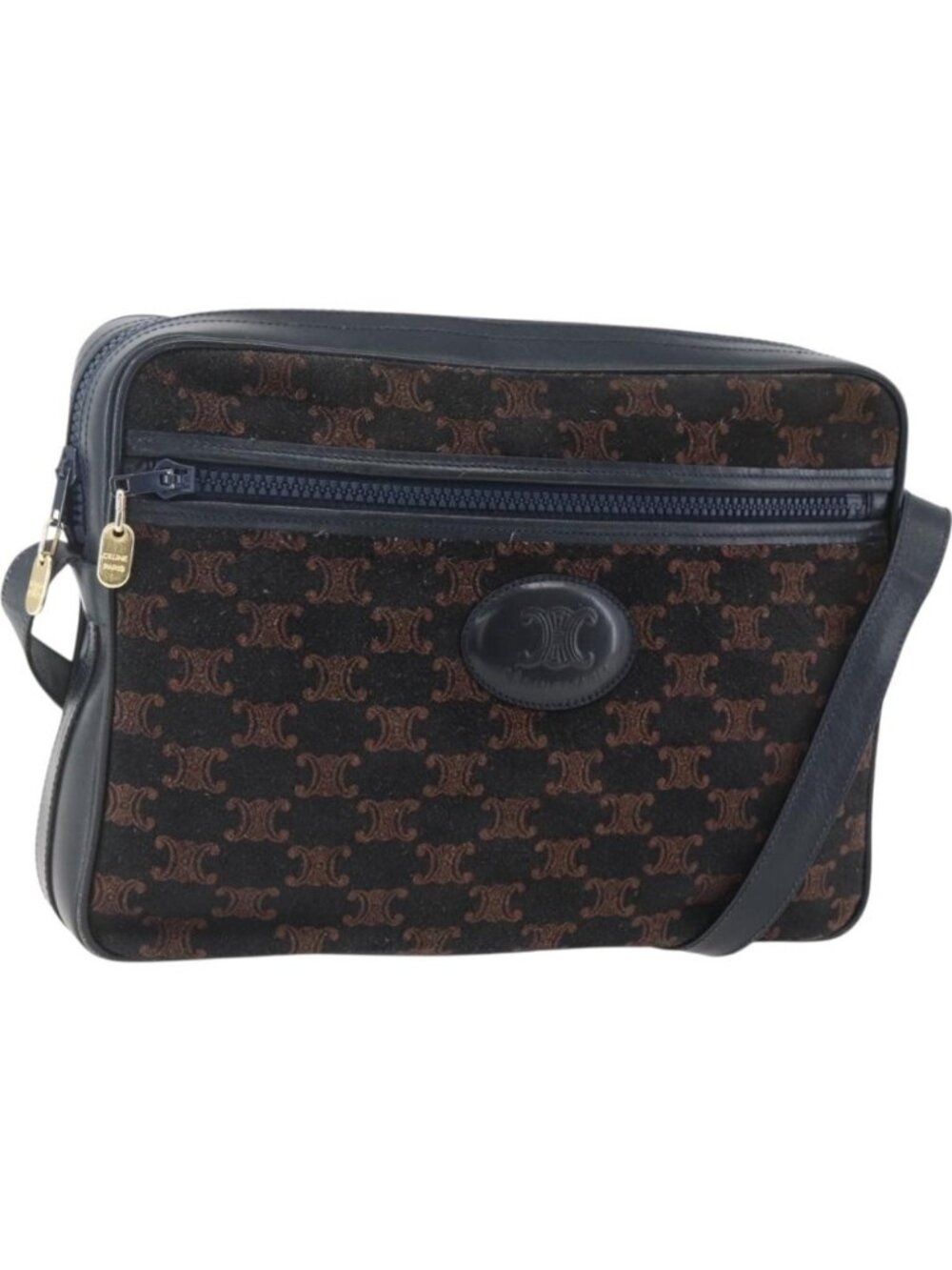 CELINE C Macadam Canvas Shoulder Bag Suede Navy Gold